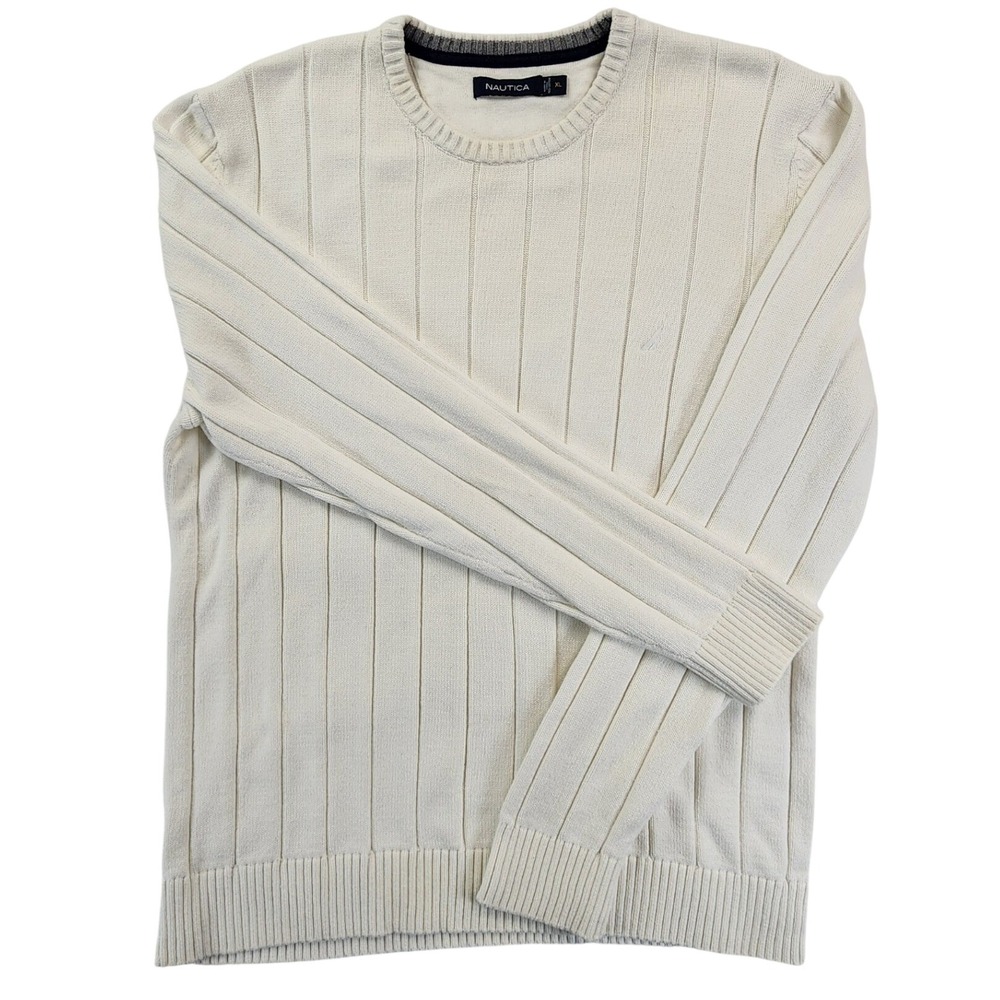 Nautica‎ Mens XL Cream Ribbed Knit Sweater Preppy Coastal Nautical Old Money Ivy